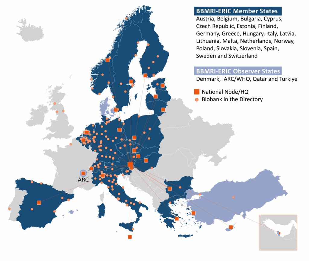 A map of members and observers in dark blue and light blue with orange dots showing biobanks