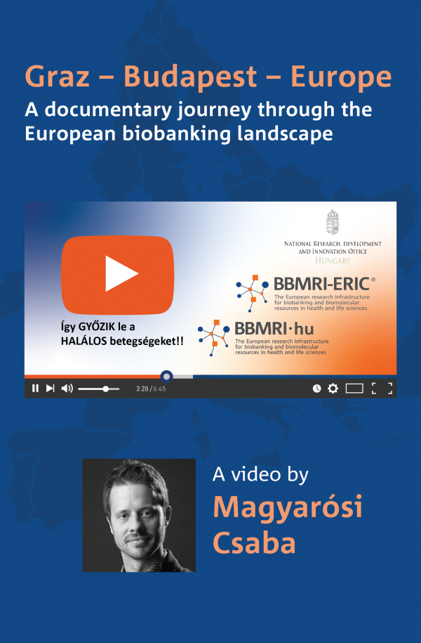 Infographic showing a stylised video player in front of a dark blue background. The text above the player promotes a video by the Hungarian Vlogger Magyarósi Csaba about biobanking.
