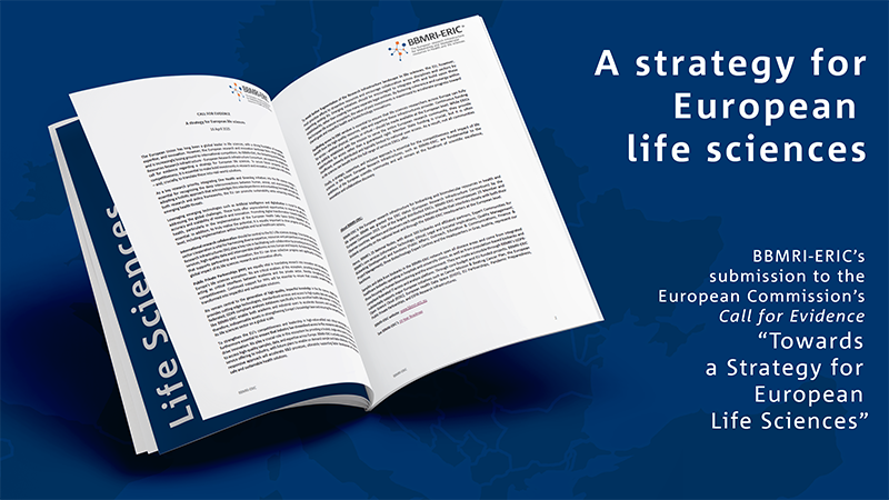 A magazine on blue background for the BBMRI-ERIC strategy paper on "EU life sciences strategies"