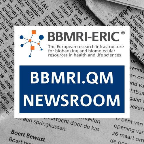 A white rectangle framing the BBMRI-ERIC logo and the words "BBMRI.QM NEWSROOM" , in front of a stock image showing snippets of printed newspapers.